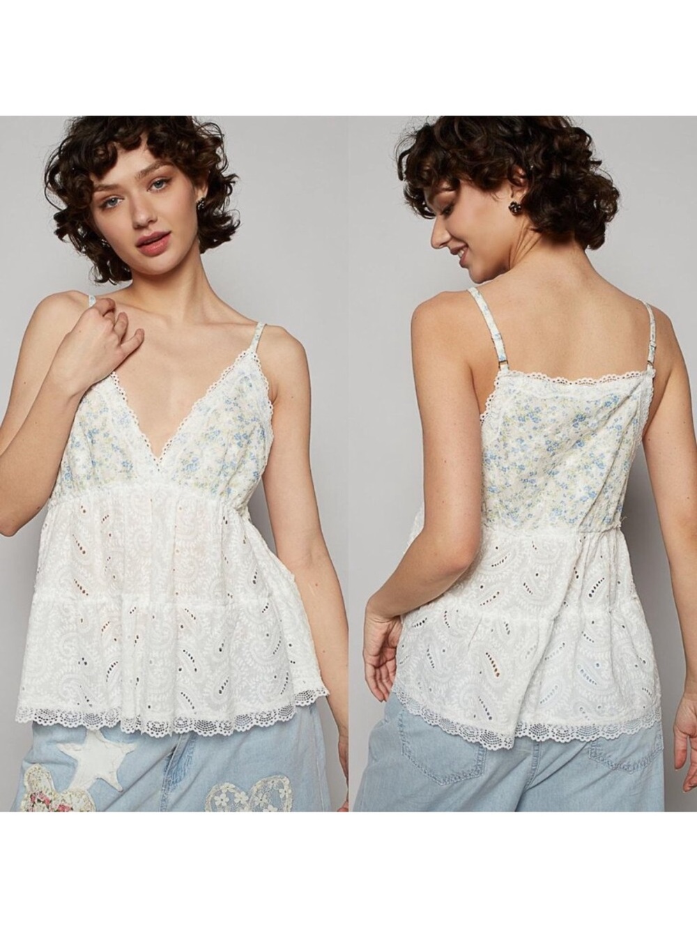 POL Floral Eyelet Lace Tank Top - White/Blue